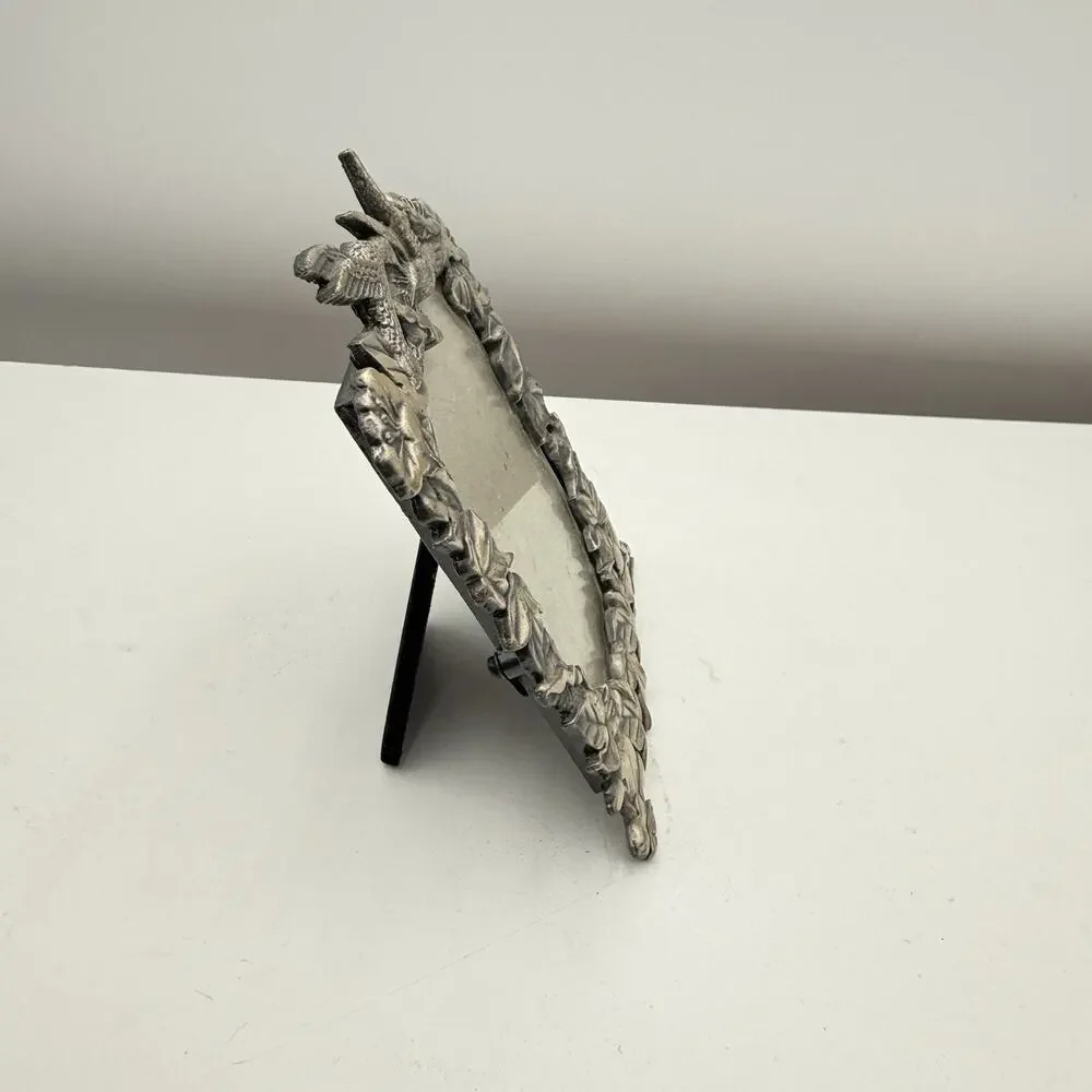 Vtg Pewter Small Picture Frame ~ 5”x3.5” Hummingbirds Floral Leaves EUC